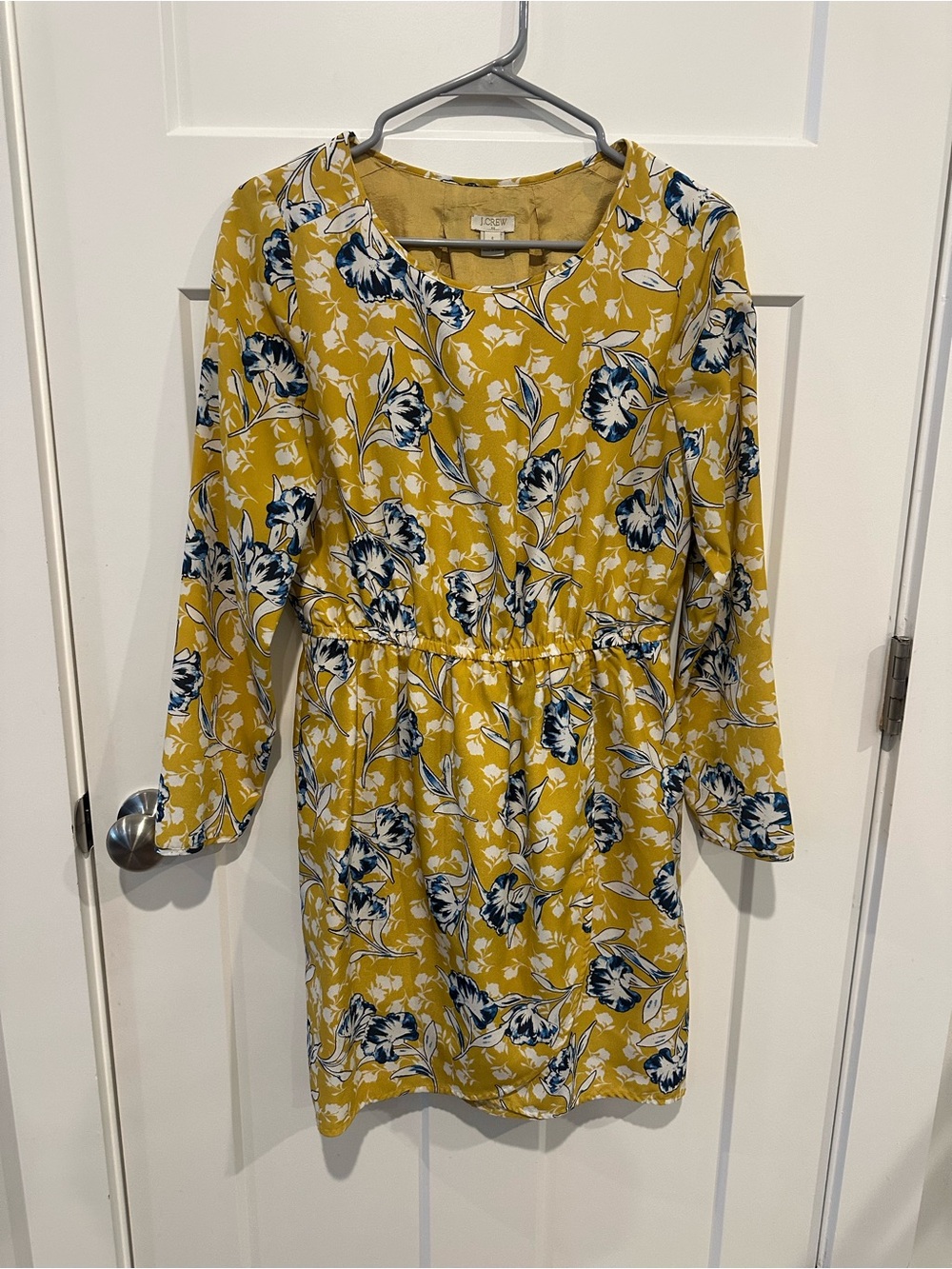 J. Crew Yellow Floral Long Sleeve Dress with Navy & White Accents
